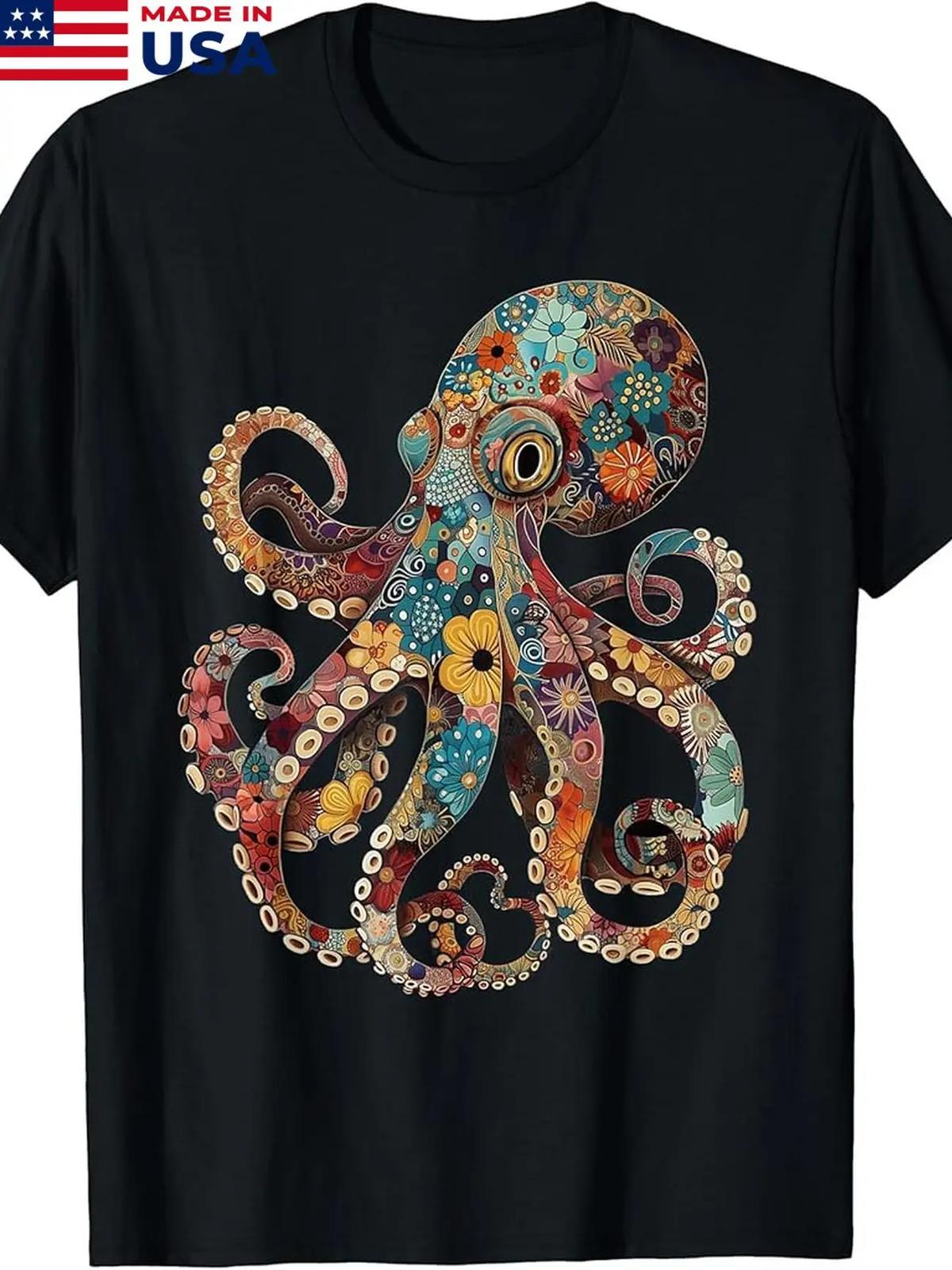 Men s Vintage Floral Octopus T-Shirt, 100% Cotton, 180g - Colorful Kraken Design XXL