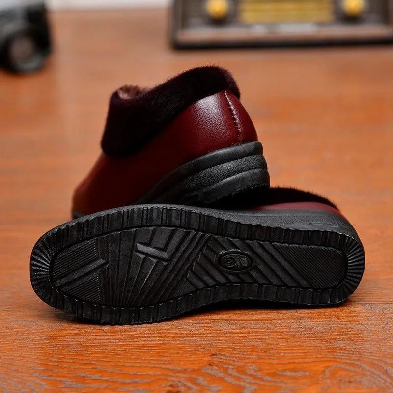 Winter Cotton Shoes, Middle-aged and Elderly Women's Shoes, Flat-bottomed Plus Velvet Warm Leather Shoes for The Elderly, Soft-soled and Non-slip