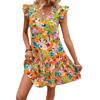 2026 new European and American printed V-neck ruffle edge short-sleeved vacation dress