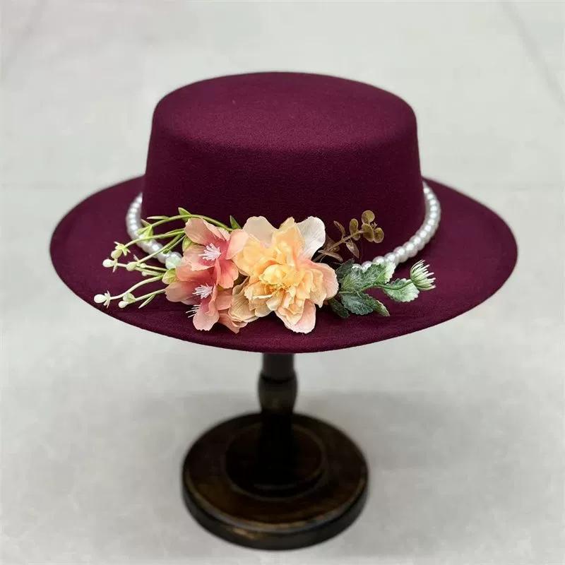 Dark Brown Faux Floral Felt Hat Wedding Hat Women'S Jazz Hat Panama French Elegant Felt Hat Somprero Mujer Chapeau Femme Luxe