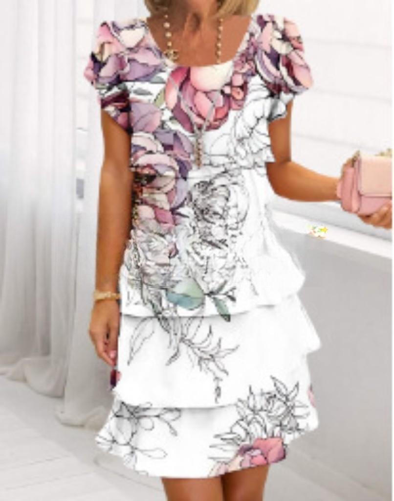 2025 European & American 3D Print Short Sleeve Round Neck Cake Dress for Spring/Summer