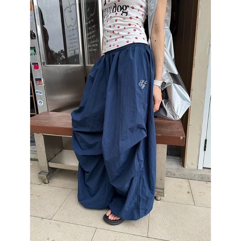 

Retro solid color wide-leg casual pants new summer drape jazz loose and thin floor-mopping trousers tide 2XL тёмно-синий