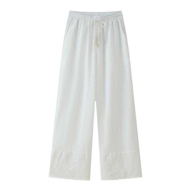 Kaslead New Women Clothes Western Style Simple Tassel Lace-up Embroidered Shirt Casual Trousers Set