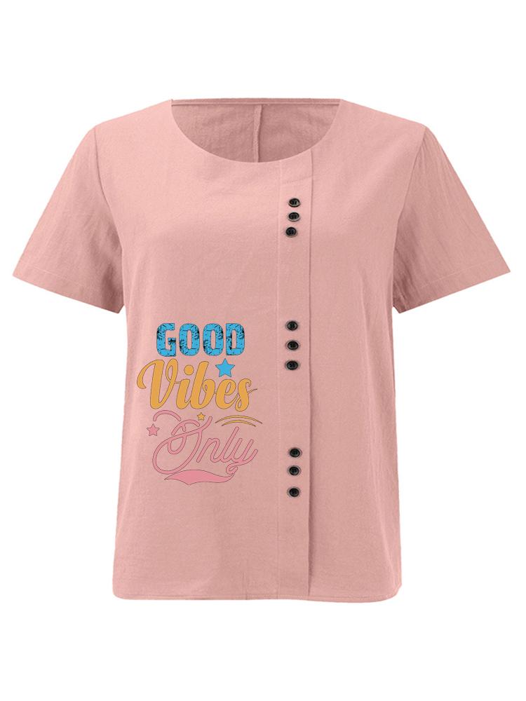 Women s Fashion Letter Print Casual Cotton Linen Short Sleeve Round Neck T-shirt Shirt Leisure Loose Summer Blouse Tops S розовый