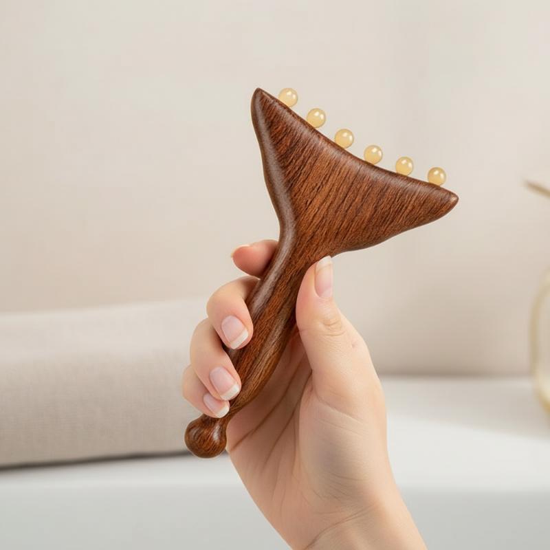 Manual Gua Sha Massage Comb for Facial Meridian Therapy with 1 Horn Ball Sandalwood Handle Beauty