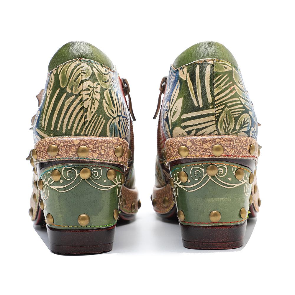 Johnature Zapatos de tacón pintados a mano de cuero genuino para mujer, zapatos de tacón alto con plataforma cómodos Flor Retro