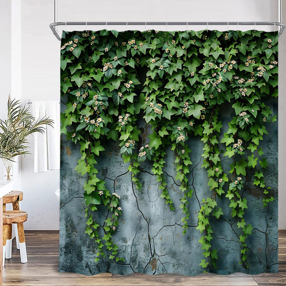 Green Vine Gray Wall Shower Curtain Green Leaf Plant White Purple Flower Nature Bathroom Decor Polyester Fabric Bath Curtain