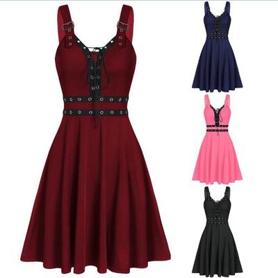Frauen Sommer Mode Punk Stil Slip Kleid Sexy Lace Up Kleid Damen Ärmelloses Einteiliges Swing Kleid