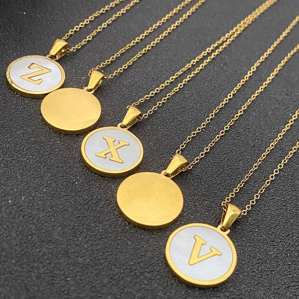White Stainless Steel Small Round Tag Necklace - 26 Letters, Women's Cold Style Fashion, Versatile Light Luxury, 2025 Collection.