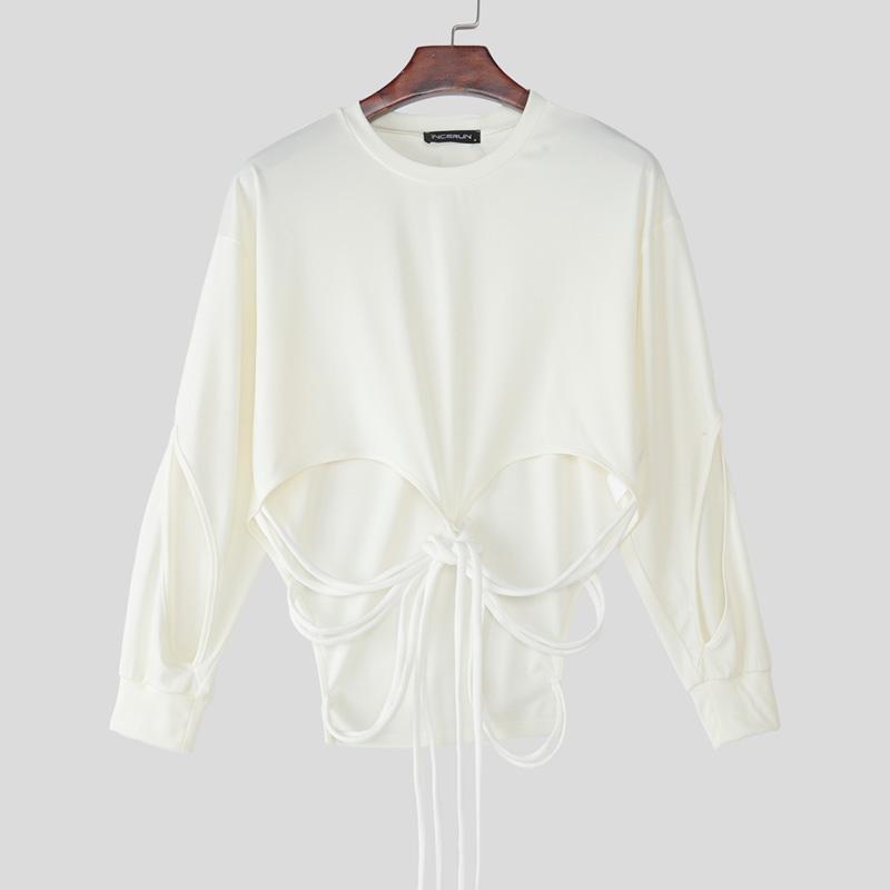 INCERUN Men Cutcut Long Sleeve Bandage Cropped Pullover Tops
