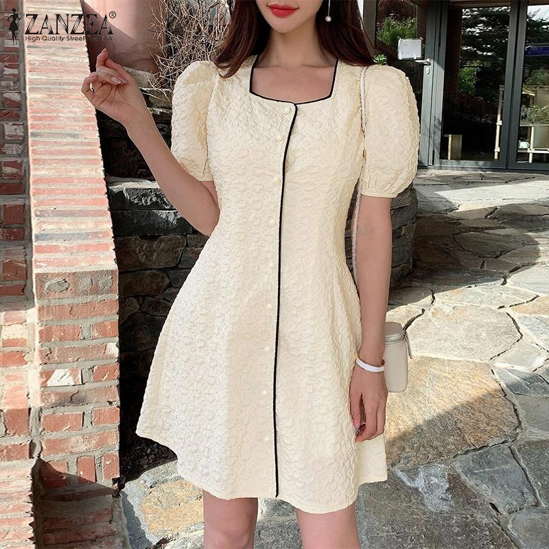

ZANZEA Летнее женское элегантное короткое платье с пышным рукавом и квадратным воротником