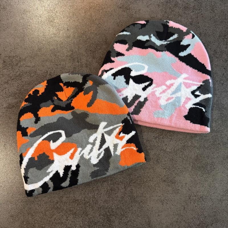 American Vintage Letter Camo Knit Beanie Winter Warm Streetwear Men Women