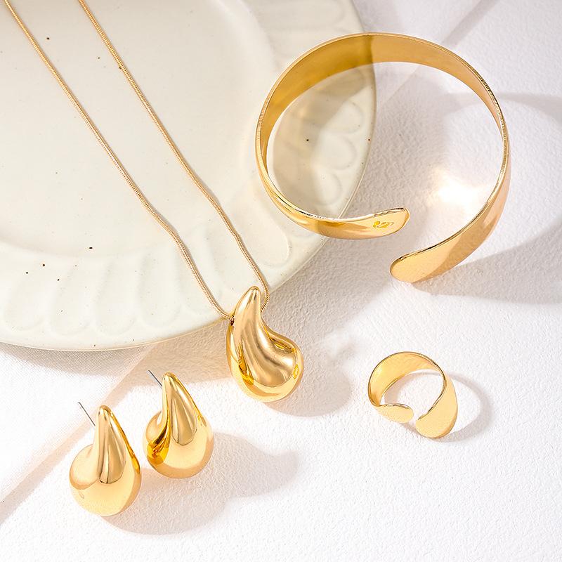 4pcs/set Personalized Water Drop Pendant Necklaces Bangles Rings Earrings For Women Punk Gold Silver Color Metal Jewelry Set