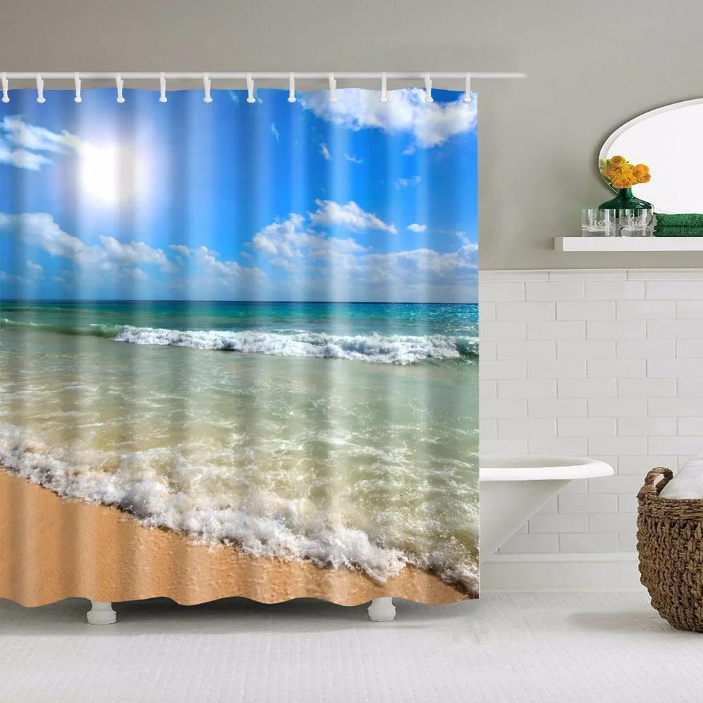 Küstenlandschaft Strand Muscheln Duschvorhänge Seestern Schneckenhaus Blaues Brett Palmen Sonnenuntergang Naturlandschaft Badezimmervorhang Dekor