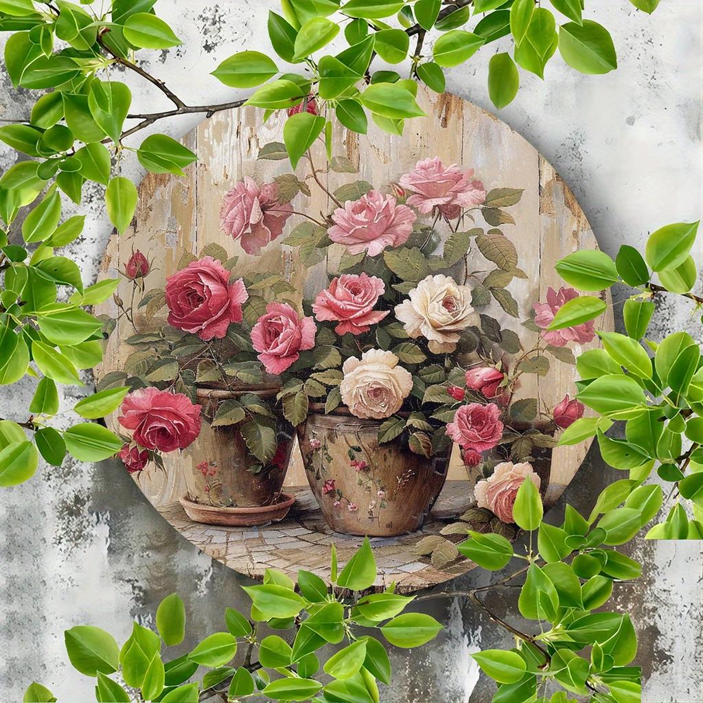 1 Piece 2D Wooden Hanging Sign Potted Rose Theme 8 Inch Round Sign Home Bar Garage Cafe Garden Decoration
