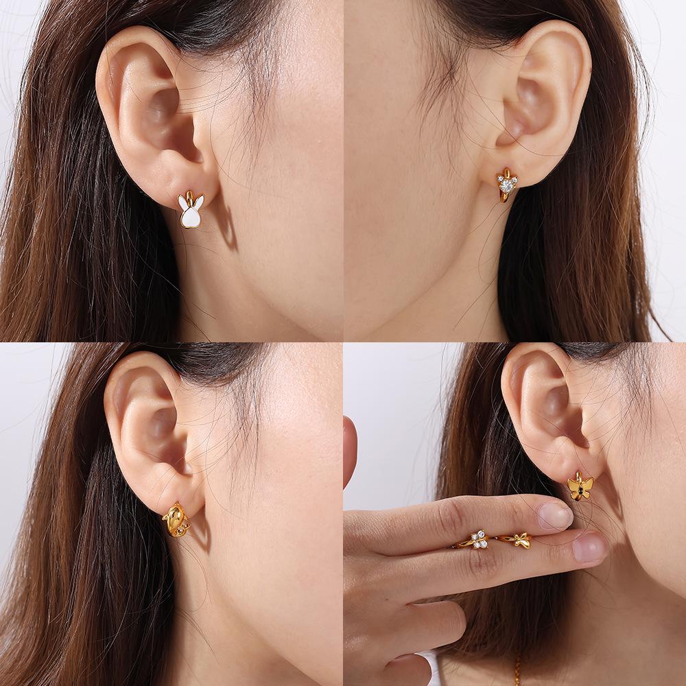 INS Style 18K Gold-Plated French Zirconia Earrings: Butterfly & Rabbit Design for Women - Lightweight, Colorfast, High-End Feel