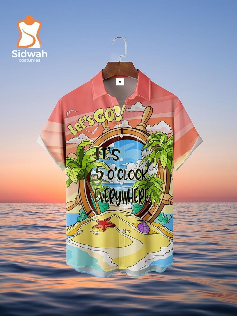 Moisture-wicking Palm Tree 5 O'clock Pattern Chest Pocket Hawaiian Shirt