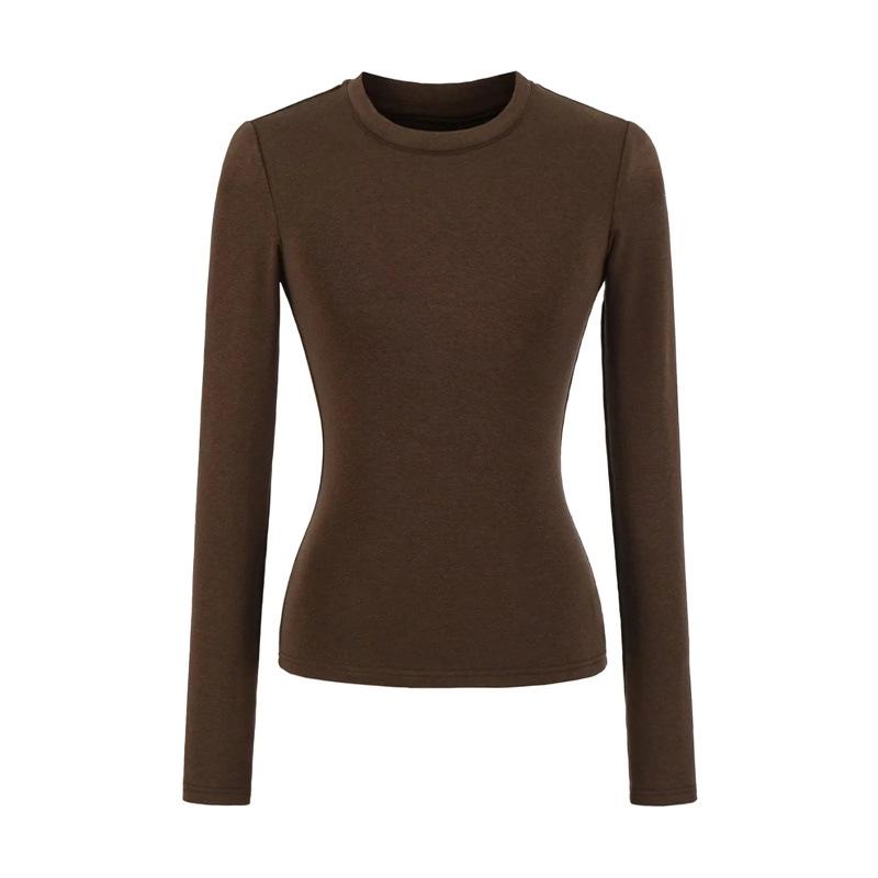 Women's American-Style Long Sleeve Fitted T-Shirt with Stylish Shoulders, Perfect for Autumn and Winter, Imitation Wool Base Layer.