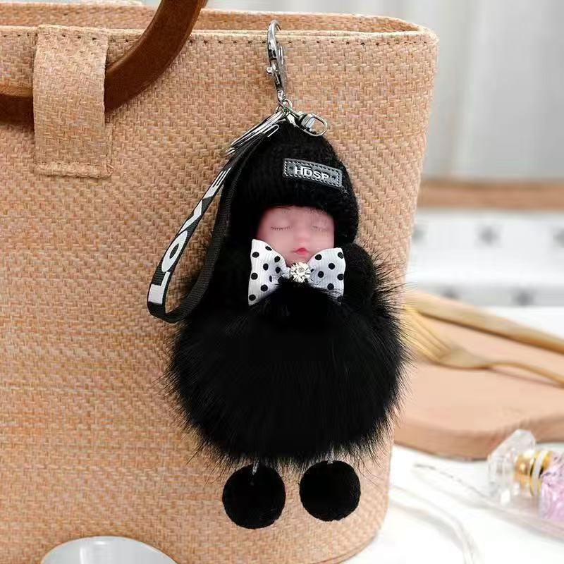 Cute Real Fox Fur Bag Pendant Sleeping Doll Car Keychain Plush Doll