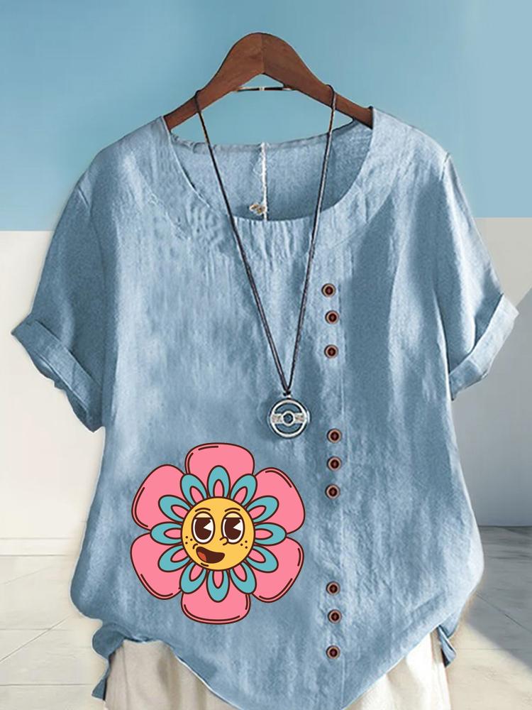 Women's Fashion Sunflower Print Shot Sleeve T-shirt Loose Cotton Shirt Casual Loose Summer Blouse Tops Plus Size