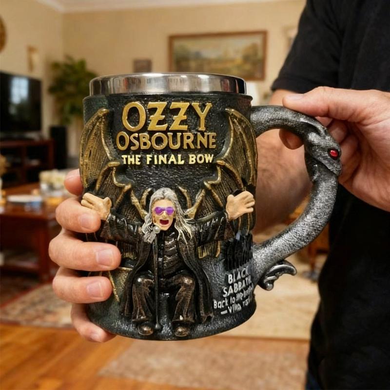 Neue Retro 3D Harz Tasse Ozzy Osbourne The Final Bow Handwerks-Dekoration Edelstahl Innenbehälter Tasse für Bar Restaurant & Zuhause