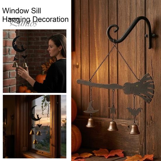 Crisp Sound Wind Chime Halloween Broomstick Witch Bells, Vintage Gothic Metal Hanging Peaceful Home Decor Ornaments for Door Wall Window Porch Indoor