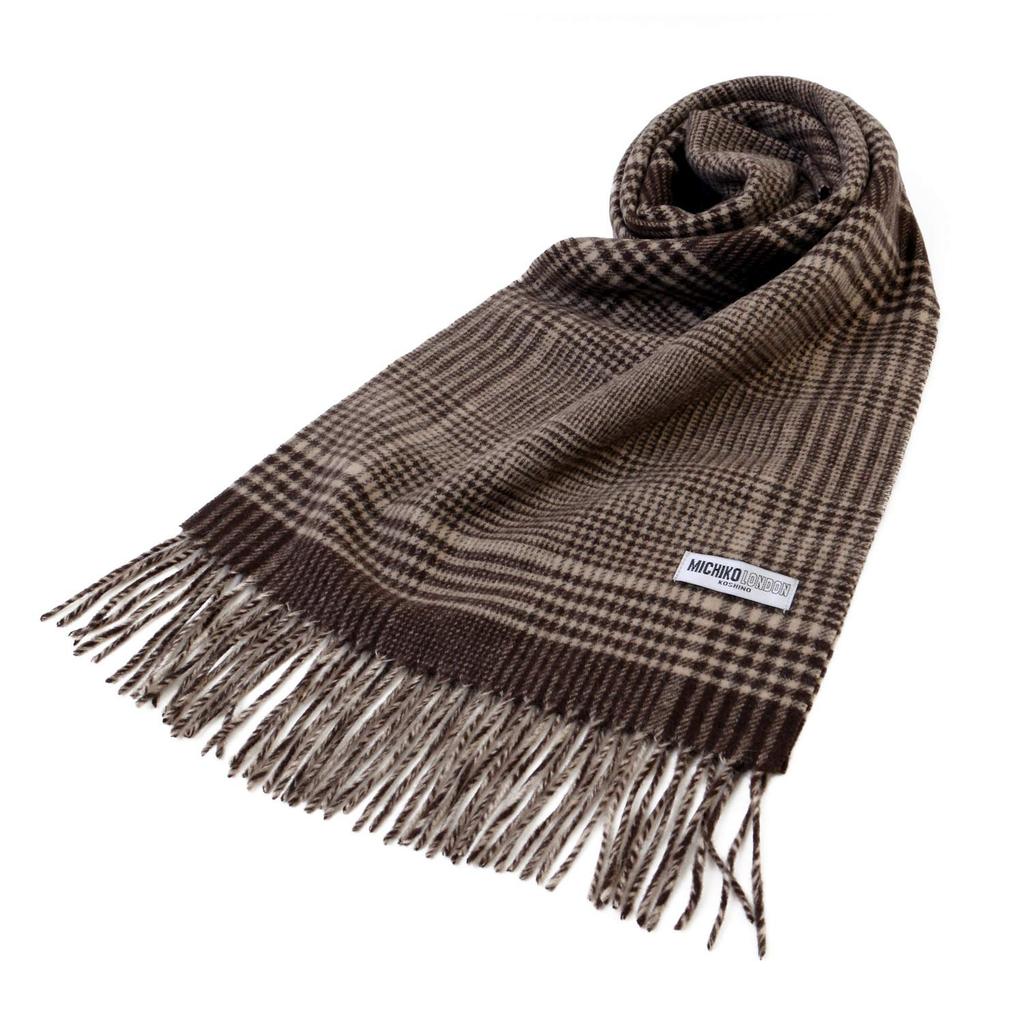 MICHIKO LONDON Brand Wool Scarf, Unisex, Warm Winter Muffler, Glen Check (Pattern A Brown)