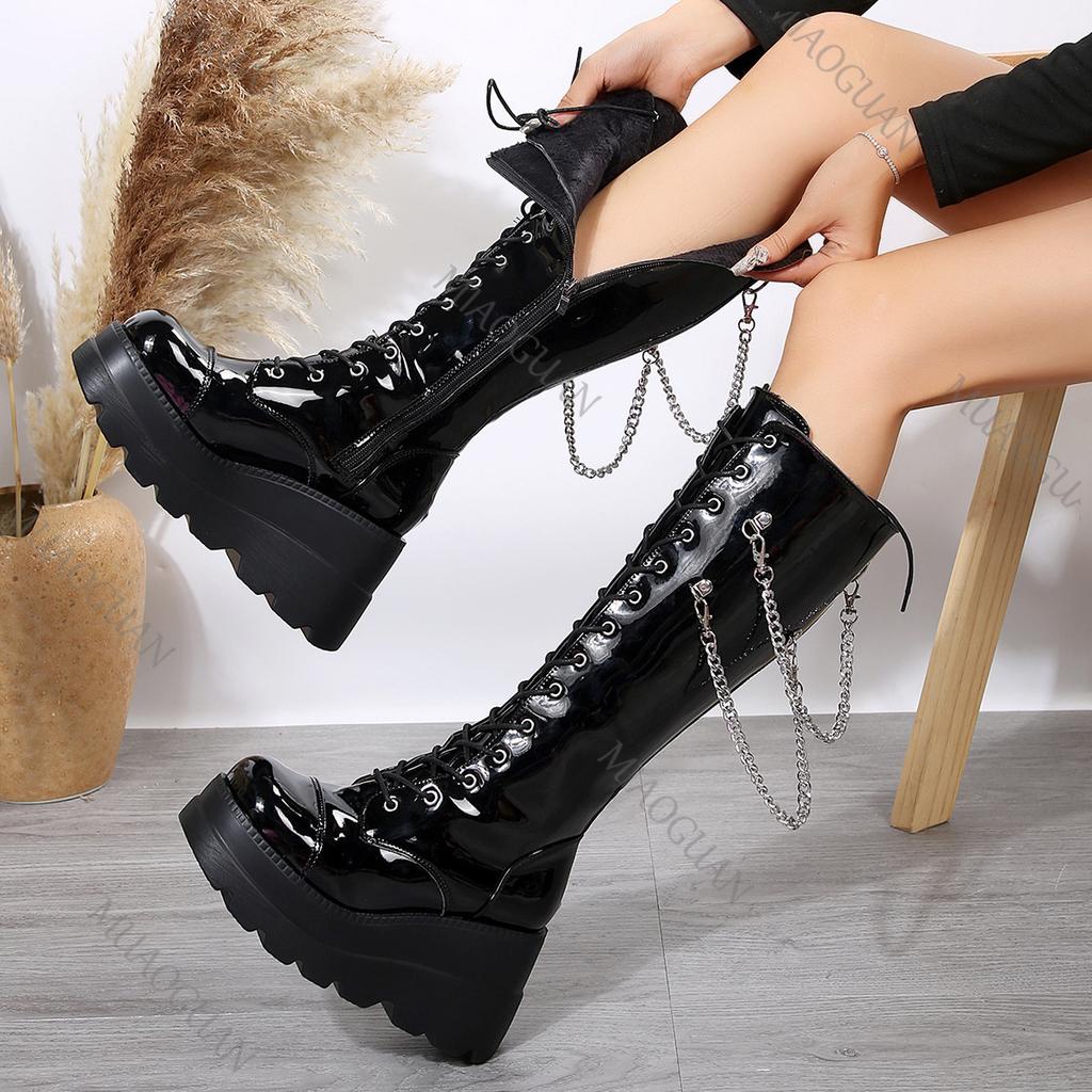 Fashion Women's Boots Black Platform Wedges Shoes for Women Autumn Winter Gothic Botas High Heels Metal Chain Punk Style Knee High Boots
