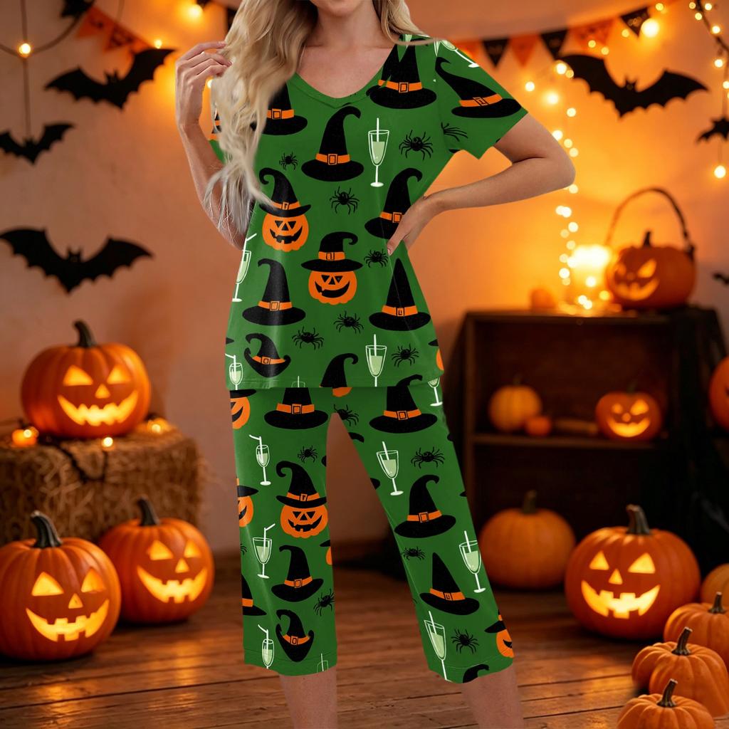 Women Two Piece Halloween Print Set Short Sleeve Top and Cropped Pants Casual Sportswear Outfit for Daily Wear Lounge Home