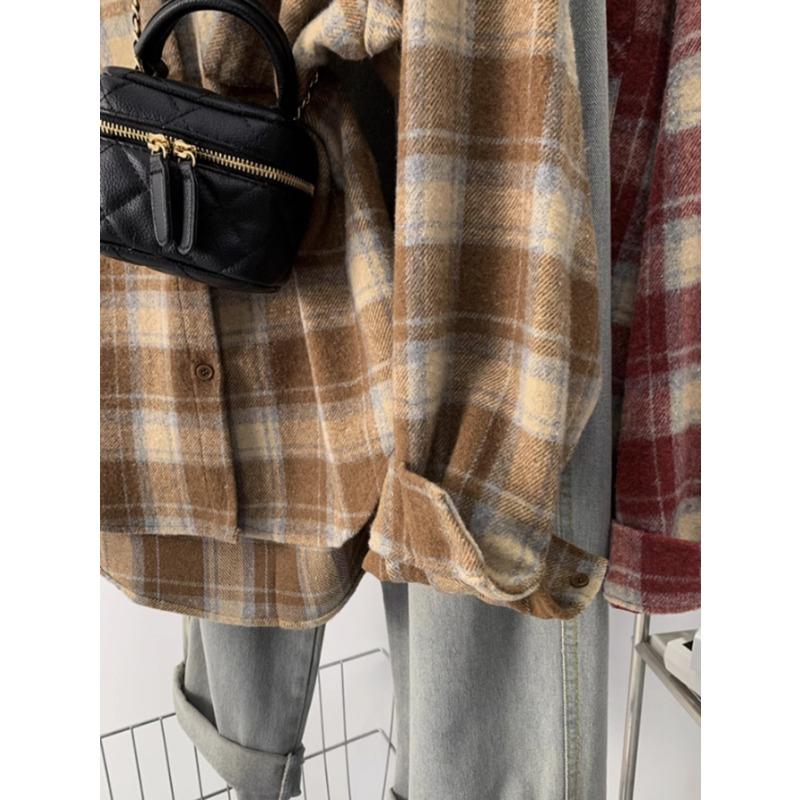 Herbst und Winter Damen Einfach Lässig Kariert Revers Langarm Locker Vielseitig Hemd Top