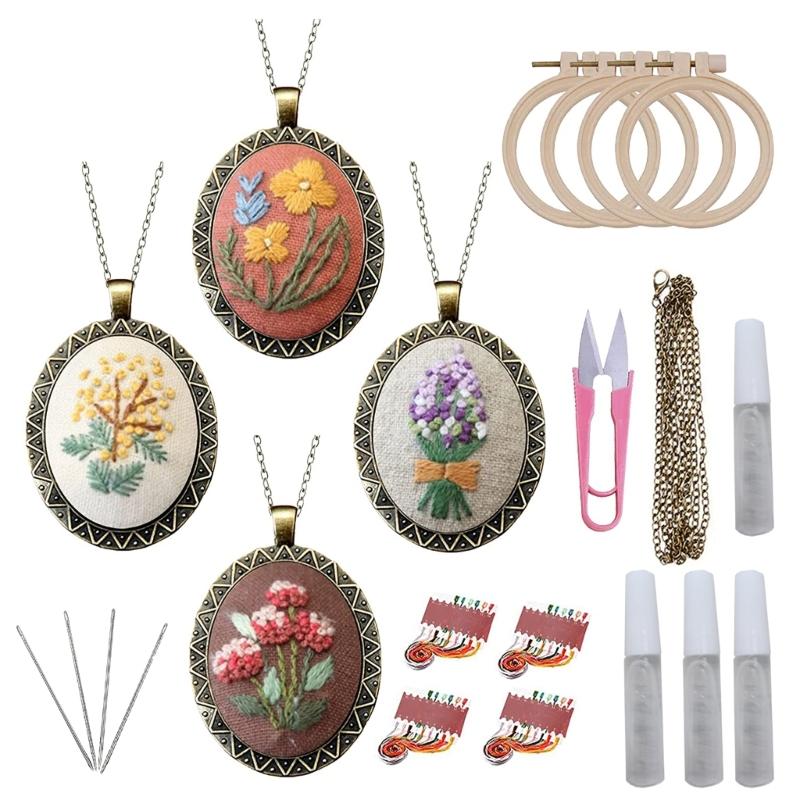 4-Pack Fashion Embroidery Pendant Kit with Scissors Needles Instructions DIY Necklace Art Crafts for Cross Stitch Kits G