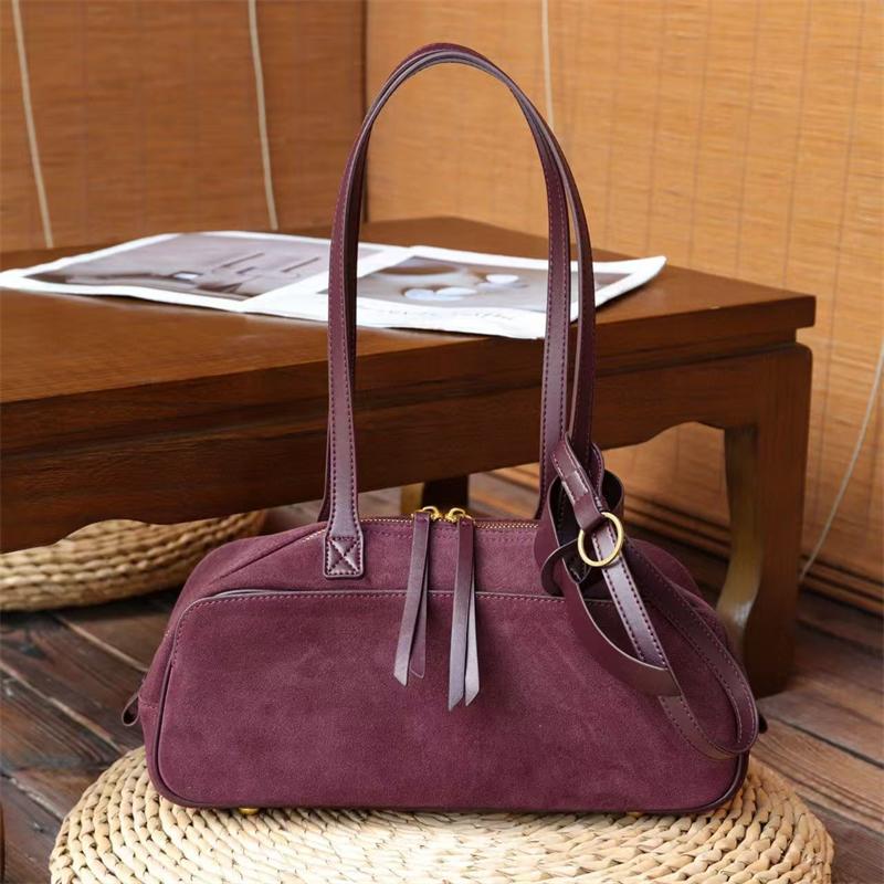 Burminsa Cowhide Suede Genuine Leather Underarm Shoulder Bags For Women 2026 Luxury Designer Bowling Totes Work Ladies Handbags