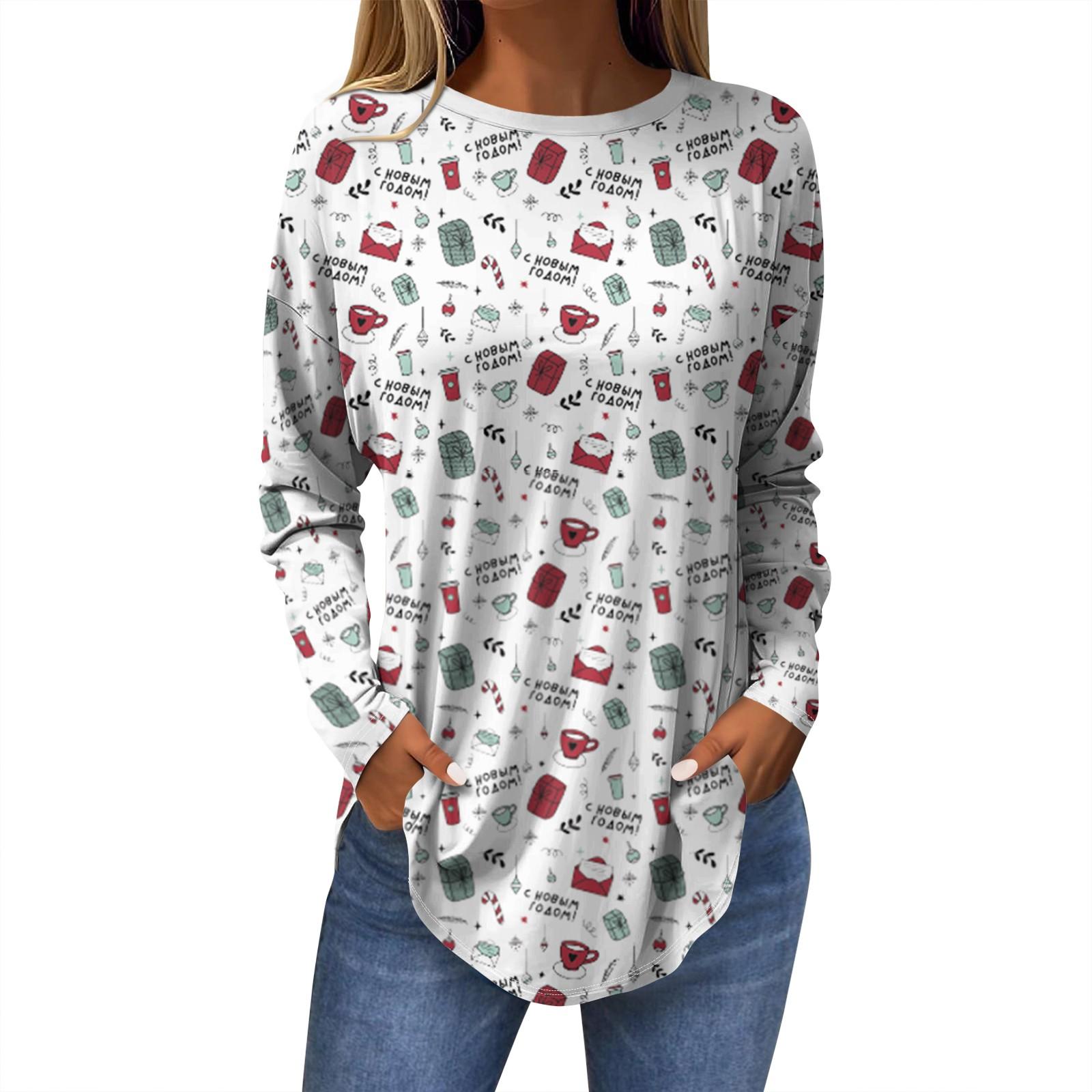 

Женская модная повседневная футболка с круглым вырезом и длинным рукавом с рождественским принтом L