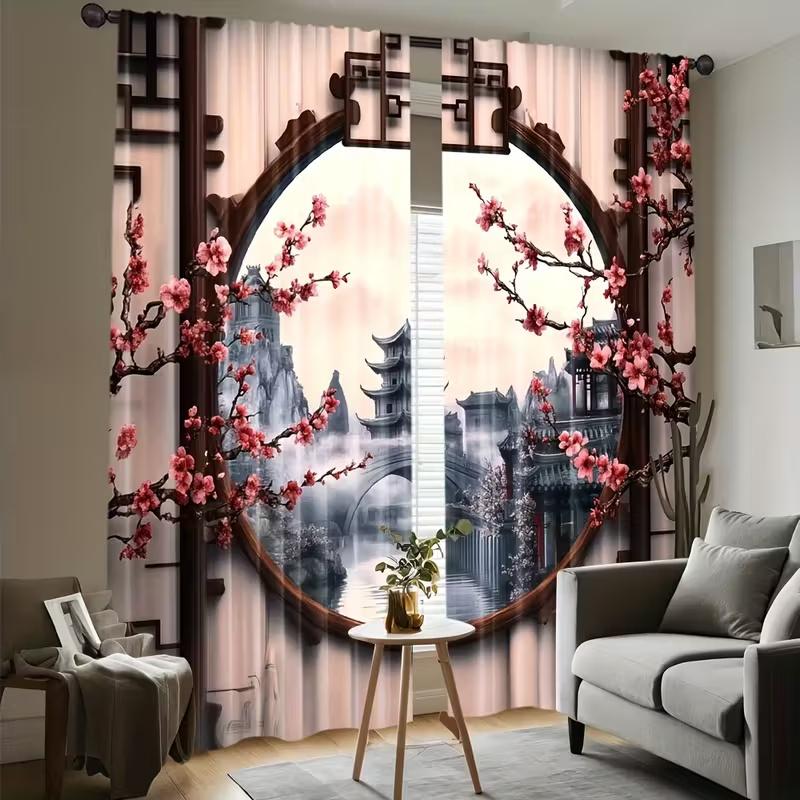2 Pcs Chinese-style architecture print curtains,suitable for bedroom,living room kitchen decoration,home decoration,window decor