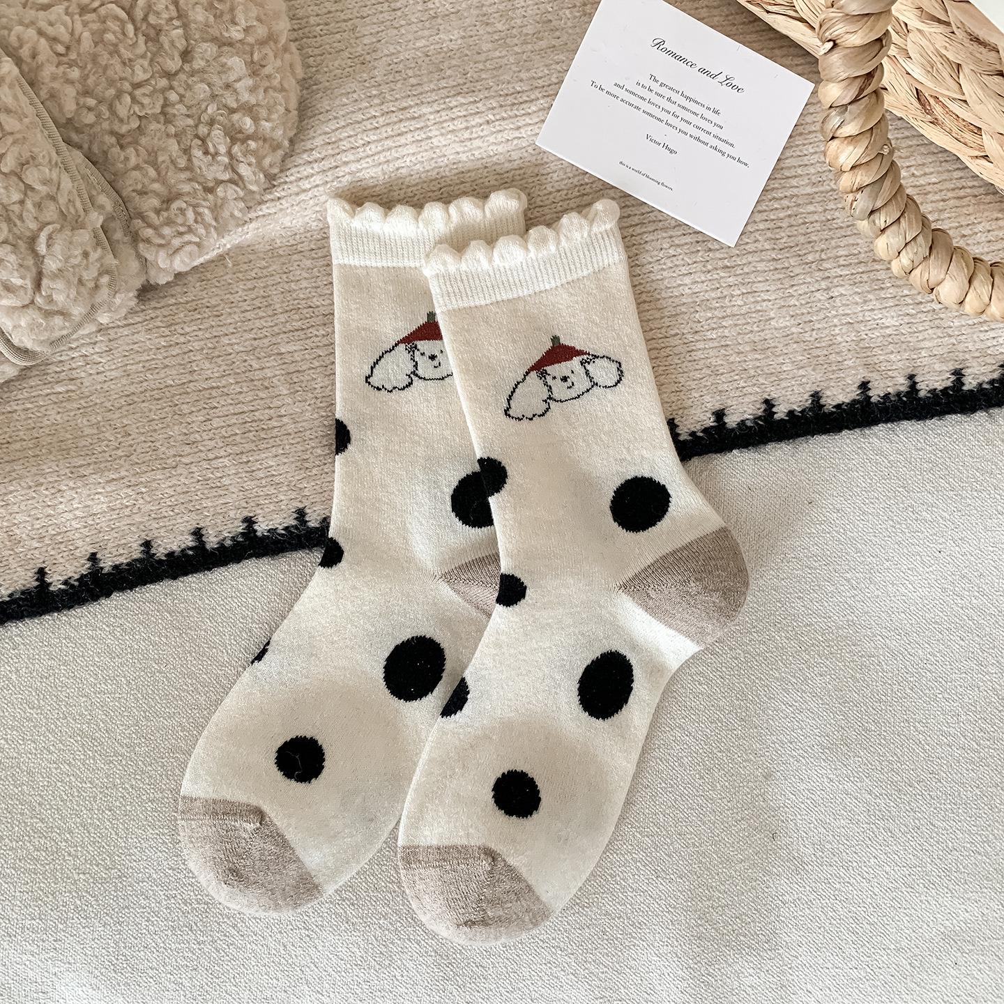 

Soft and Cozy Women s Mid-Calf Blue-Gray Wool Socks with Cute Puppy Design for Autumn and Winter One Size кремовый/белый
