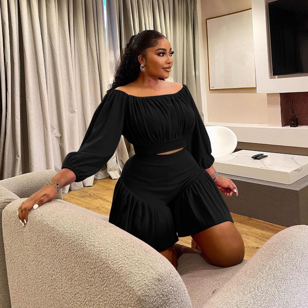 Plus Size Women's New Line Neck Fluffy Waist Casual Two Piece Suit