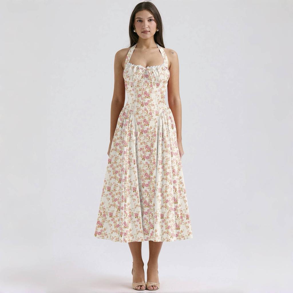 LYRIA Elegant A Line Midi Dress New Arrivals Halter Sexy Holiday Party Dresses Summer Women's Clothing Wholesale