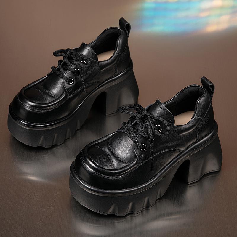 Women s Retro British Style Cowhide Loafers, Spring 2026 Collection - Thick Sole, Versatile Chunky Heel Flats. 38 чёрный