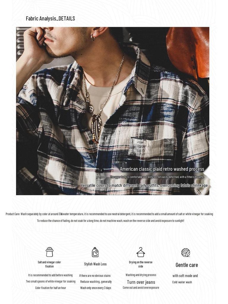 Men's Retro Loose-Fit Plaid Shirt: Heavy, Long Sleeve, Trendy Japanese Style Autumn Jacket