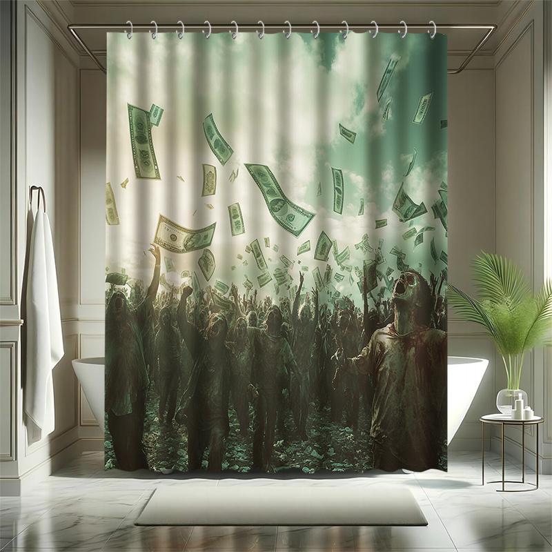 Zombie Rain Of Money Shower Curtain Set, Water-Resistant Polyester, Bathtub Partition, Fantasy Bathroom Decor, All Seasons