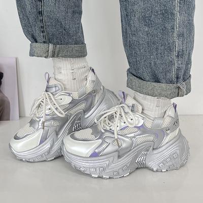 Mode Mode Zilveren Chunky Sneakers Dames 2024 Herfst Vetersluiting Plateau Sportschoenen Vrouw Dikke Zool Antislip Sportschoenen Dames