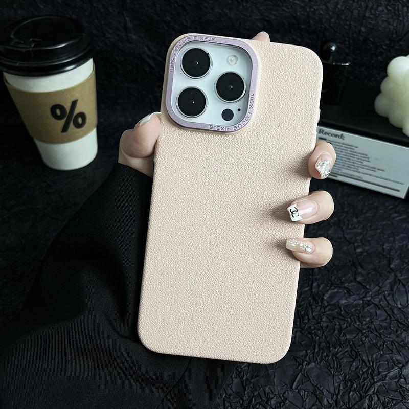 Matte Titanium gray Lichee leather pattern phone case for iPhone 16 15 14 13 12 11 Pro Max metal lens frame shockproof hard case