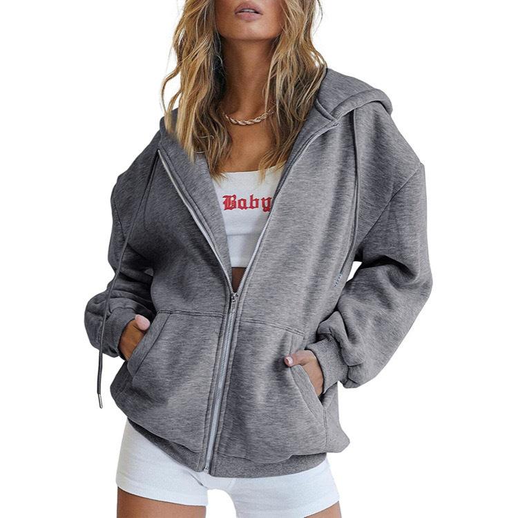 Women's Autumn Fashion Zipper Hoodie Long Sleeve Hooded Pullover Sweatshirt Casual Solid Color Tops with Pockets