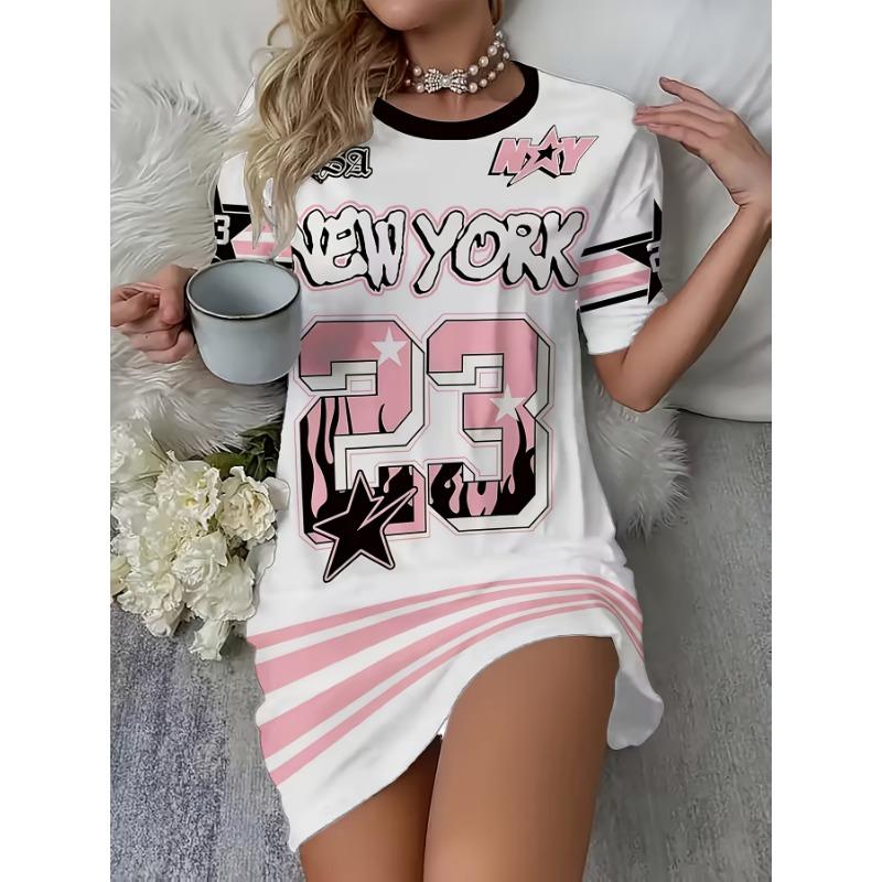 Jinlin Fashion Damen Kurzarm T-Shirt Kleid Nachthemd - Stern & Nummer 23 Aufdruck Rundhals Locker Geschnitten Pyjama Kleid
