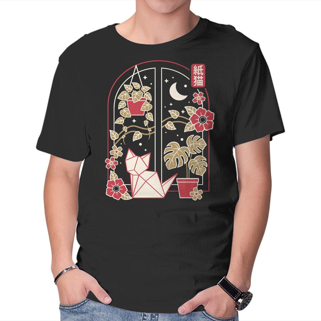 Unisex Crew Neck T-Shirt Origami Cat At Window Graphic Short Sleeve Casual Tee