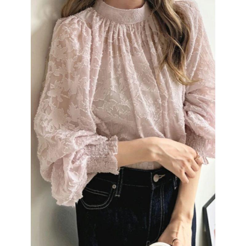 Fall Standing Collar Plus Size Loose Work Clothing Bubble Long Sleeve Chiffon Shirt Lace Tops Sun Protection Clothing Air Conditioning Shirt for Women