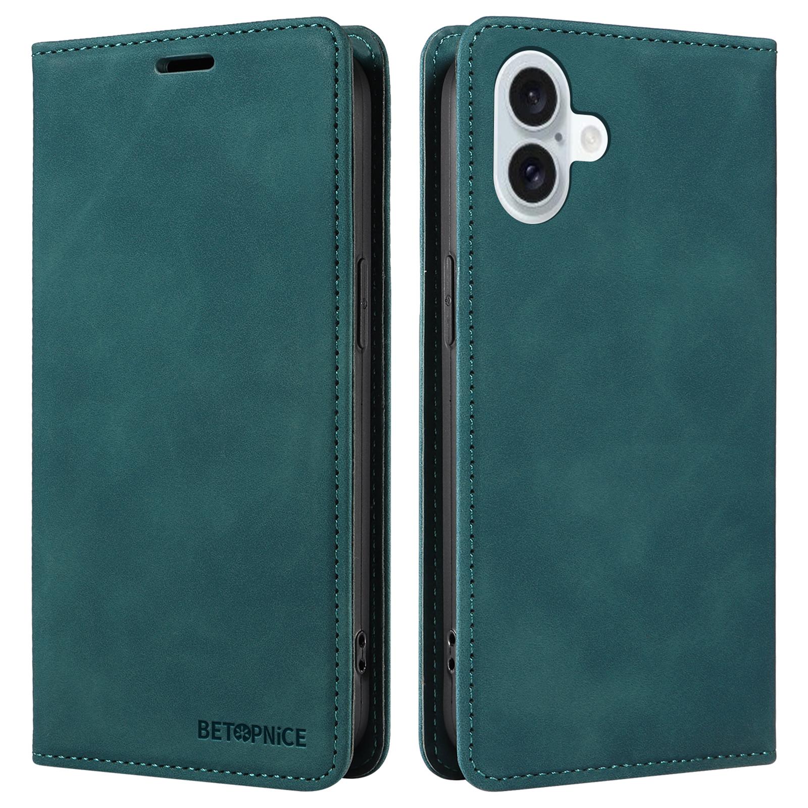 

BETOPNICE 003 For iPhone 16 Plus Case RFID Blocking PU Leather Phone Cover Green