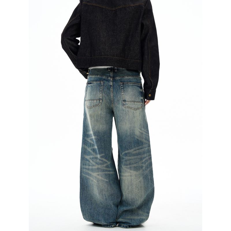 Kisko American Retro Double-Pleated Washed Whiskered Commuter Jeans Unisex Trendy Brand Cleanfit Loose Pants