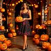 Women’s Halloween Print Sleeveless Dress with Spaghetti Straps Pattern A-Line Midi Dress for Holiday Party Cosplay