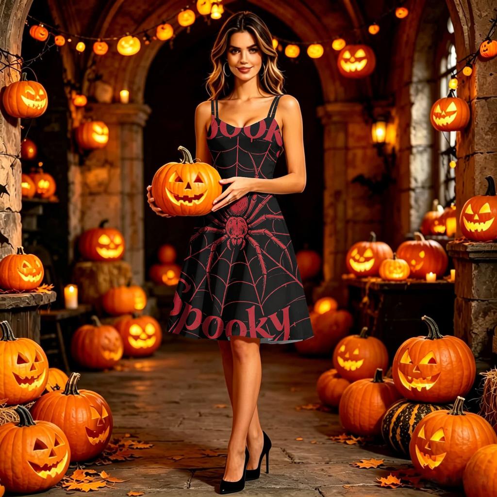 Women’s Halloween Print Sleeveless Dress with Spaghetti Straps Pattern A-Line Midi Dress for Holiday Party Cosplay